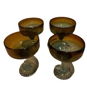 Set of 4 MARGARITA GLASSES 6 1/4" tall BUBBLE Ombre Amber blue Art glass 358C